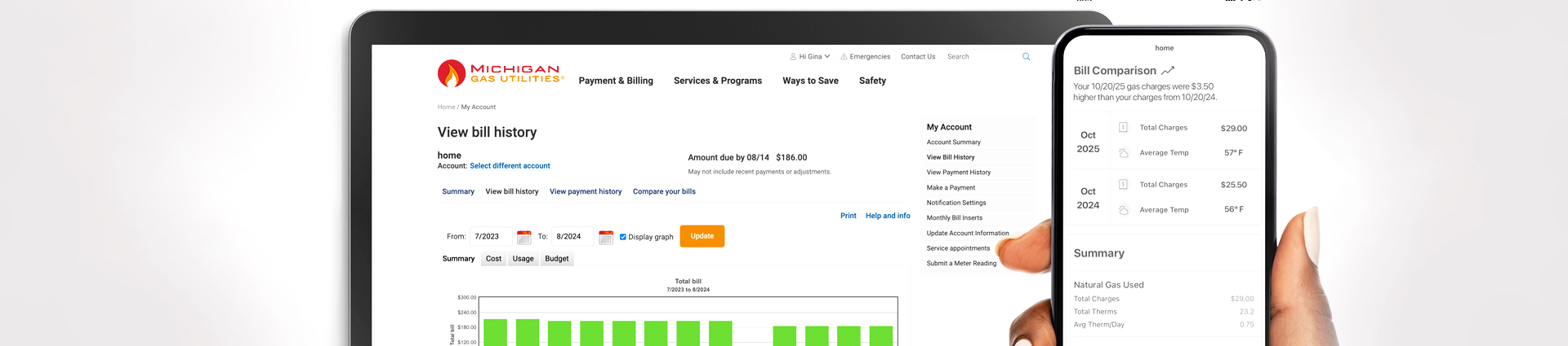 laptop displaying my account chart and phone displaying bill comparison content