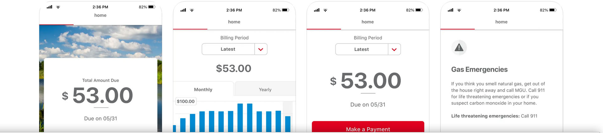 Michigan Gas Utilities app screens showing outage, payment, bill examples